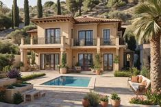 a large house with a pool in front of it and lots of greenery on the outside