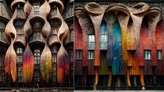 two photographs side by side with different colors on the building and one has an intricately designed facade