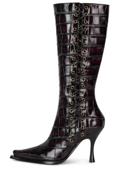 Knee-high heeled boot with lace-up detail Fits true to size Measurements taken from a size 7 3.5" Heel, 0.25" Platform 13" Shaft, 12" Leg Opening Leather Upper, Leather / Fabric Lining, Synthetic Sole Zipper closure Heel Boots Outfit, Heeled Booties Outfit, Knee High Flat Boots, Boots With Laces, Y2k Boots, Black Heeled Boots, Black Lace Up Boots, Trendy Shoes Sneakers, Print Boots