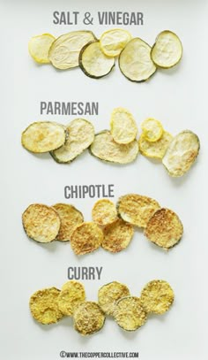 potato chips are shown on a plate with the words, salt and vinegar parmesan chip