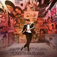 a man in a tuxedo is running through a movie poster wall with posters on it