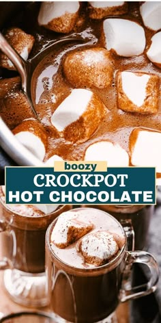 two mugs of hot chocolate with marshmallows on top and the words boozy crockpot hot chocolate