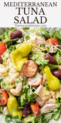 this mediterranean tuna salad is loaded with fresh vegetables and lots of cheese