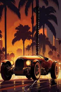 an old car driving down the street in front of palm trees at night with lights on