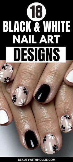 Black and White Nail Art Designs Black And White Nails Square, Black White And Red Nails, Black And White Nail Ideas, White Floral Nails, Nail Art Noir, White Nail Art Designs