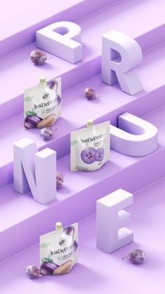 the letters and numbers are made up of different types of food in white, purple, and green