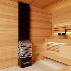 a room with wood paneling and a heater in it