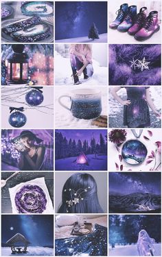 a collage of photos with purple and blue hues, including snowflakes