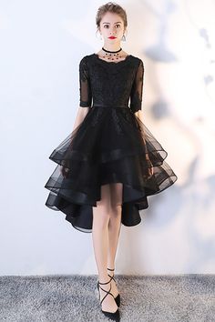 Homecoming Dresses High Low, Gaun Tulle, Fitted Homecoming Dresses, Prom Dress With Lace, Black Lace Prom Dress, High Low Prom Dress, Fitted Prom Dresses, Black Homecoming Dress, Satin Evening Dresses