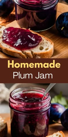 homemade plum jam in a jar with bread on the side