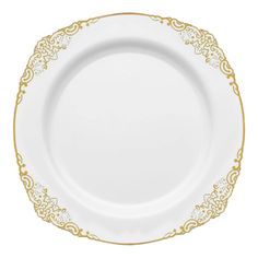 an empty white plate with gold trimmings