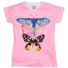 Three butterflies face Pop Art for a statement of their own. The Pink Butterfly Graphic T-shirt is super soft, made of a techno blend performance fabric that will age to become the softest, yummiest t-shirt your girls will own. Long lasting wear without over-stretching. Its fine yarns feel better than cotton with a cool feel, moisture-wicking, and quick dry technology.Product Description Crew neck Short sleeves Hip length Relaxed fit Techno Blend - 100% Spun Poly Printed graphics will not crack Three Butterflies, Gold Factory, Butterfly Face, Sun Protective Clothing, Its Fine, Butterfly Graphic, Factory Design, Tickled Pink, Fine Yarn