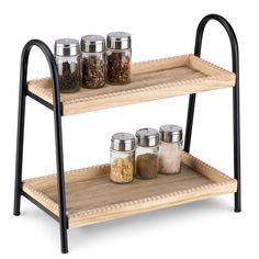 three tiered wooden spice rack with metal handles