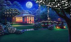 a night scene with trees, lights and a gazebo in the middle of it