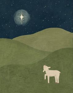 a painting of a sheep standing on top of a grass covered field under a star filled sky