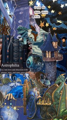 a collage of books and other items in the shape of an astrophania