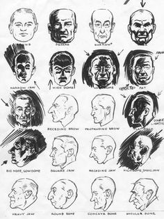 an old black and white drawing of various heads with different facial expressions, including the man's head