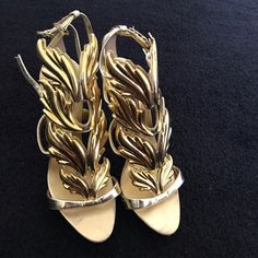 Worn In Good Condition. Iconic Style That Still Turns Heads. Beautiful Gold Color Has Not Faded And Shoe Has Plenty Of Life Left! Luxury Gold Pointed Toe Sandals, Designer Gold Sandals With Wrapped Heel, Luxury Gold Sandals For Party, Glamorous Gold Sandals For Cocktail, Gold Closed Toe Sandals For Gala, Glamorous Summer Heels For Galas, Chic Gold Sandals For Galas, Gold Open Heel Sandals For Galas, Chic Gold Sandals For Cocktail