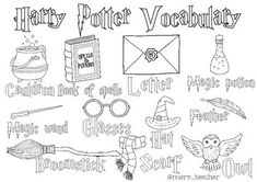 the harry potter coloring page is shown in black and white, with an image of various items