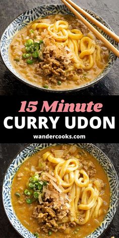 two bowls of curry udon with chopsticks on the side