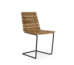 a wooden chair with black metal legs