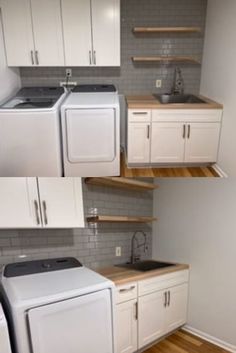 two pictures of a kitchen with white cabinets and washer and dryer in it