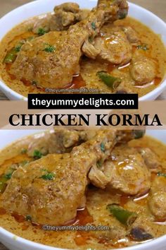 two pictures of chicken korma in a white bowl