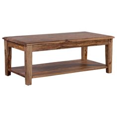 a rustic wooden coffee table with shelf on the bottom and one drawer open in front