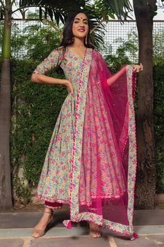 Cotton Multi Color Printed Anarkali Suit Set - Ria Fashions Anarkali Suits With Laces, Kurta With Tassels, Kurta Designs For Short Height Women, Women Suit Indian, Anarkali Kurta Set With Dupatta, Cotton Suit Neck And Sleeves Design, Printed Anarkali Suits Cotton, Jaipur Dressing Style, Floral Kurta Sets For Women