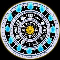 a circular window with zodiac symbols and astro signs on it, in the center is blue clouds