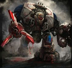 a painting of a giant robot with blood pouring out of it