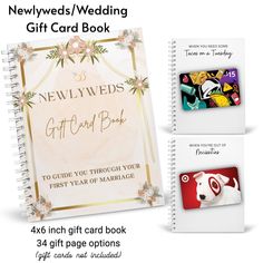 the newweds wedding gift card book is open and has four cards in it