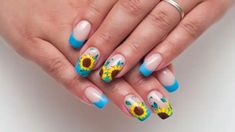 Summer French Tip Nails To Try out This Summer Blue Manicure Ideas, Sunflower Nail Designs, Quill Tattoo, Blue Manicure, Thigh Tattoo Men, Sunflower Nail, Sunflower Nail Art, Sky Blue Nails, Mary Tattoo