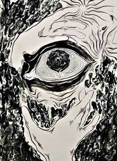 an eye is shown in the middle of a painting with black and white lines on it