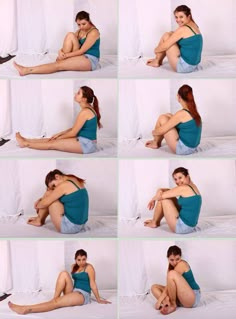 a woman is sitting on the floor with her legs crossed and posing for pictures in different poses