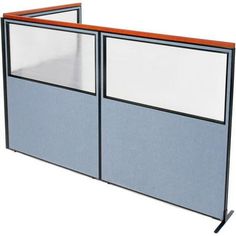 an office cubicle with two doors and orange trimmings on the sides, against a white background