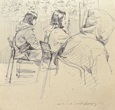 two people sitting at a table in front of a drawing