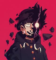 an anime character with black hair and piercings on his head, standing in front of a red background