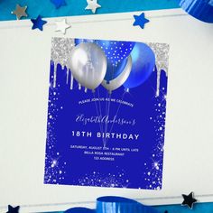 a blue birthday card with balloons and stars