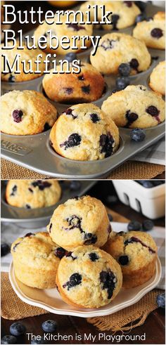 Pan and plate of Buttermilk Blueberry Muffins Blueberry Buttermilk Muffins, Blueberry Recipes Easy, Savory Biscuits, Buttermilk Blueberry Muffins, Brunch Pastries, Buttermilk Blueberry, Buttermilk Muffins, Dessert Cravings, Blueberry Muffin Recipe