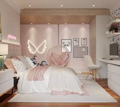 a bedroom decorated in pink and white with lots of decor on the walls, including a bed