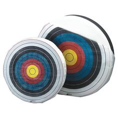 two white and blue target discs with yellow center on each side, set against a white background