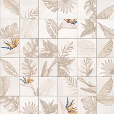 a tiled wall with leaves and flowers on it's side, in beige tones