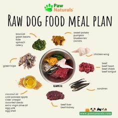 the raw dog food meal plan is shown in this graphic above it's ingredients