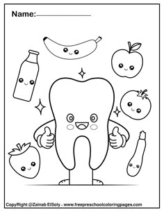 Dental Health Coloring Pages, D Is For Dentist, Health Coloring Pages, Cute Kawaii Coloring Pages, Dental Health Preschool, Kawaii Coloring Pages, Dental Care For Kids, Dental Health Month