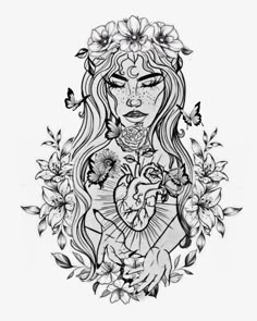 a drawing of a girl with flowers and butterflies on her head, holding a heart