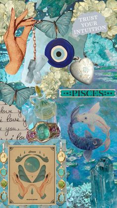 an altered collage with various items and words on it's side, including jewelry