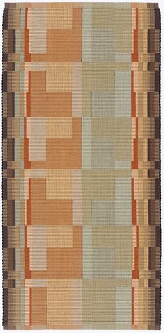 an orange, brown and tan rug with squares on the bottom right hand side is shown