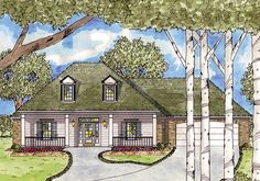 this is an artist's rendering of a house in the woods with lots of trees