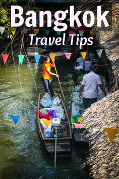 the cover of bangkok travel tips, with people in boats and flags flying above them